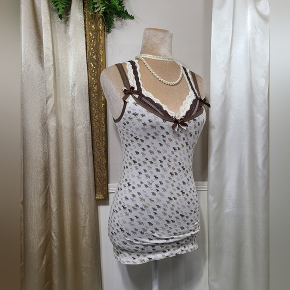 ♡ Y2K ♡ Abercrombie White & Brown Moose Print Lace Cami Tank Top - Picture 4 of 10